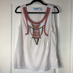 GUESS Marciano Silk Beaded Boho Tank White Multicolor Embellished Top L Festival
